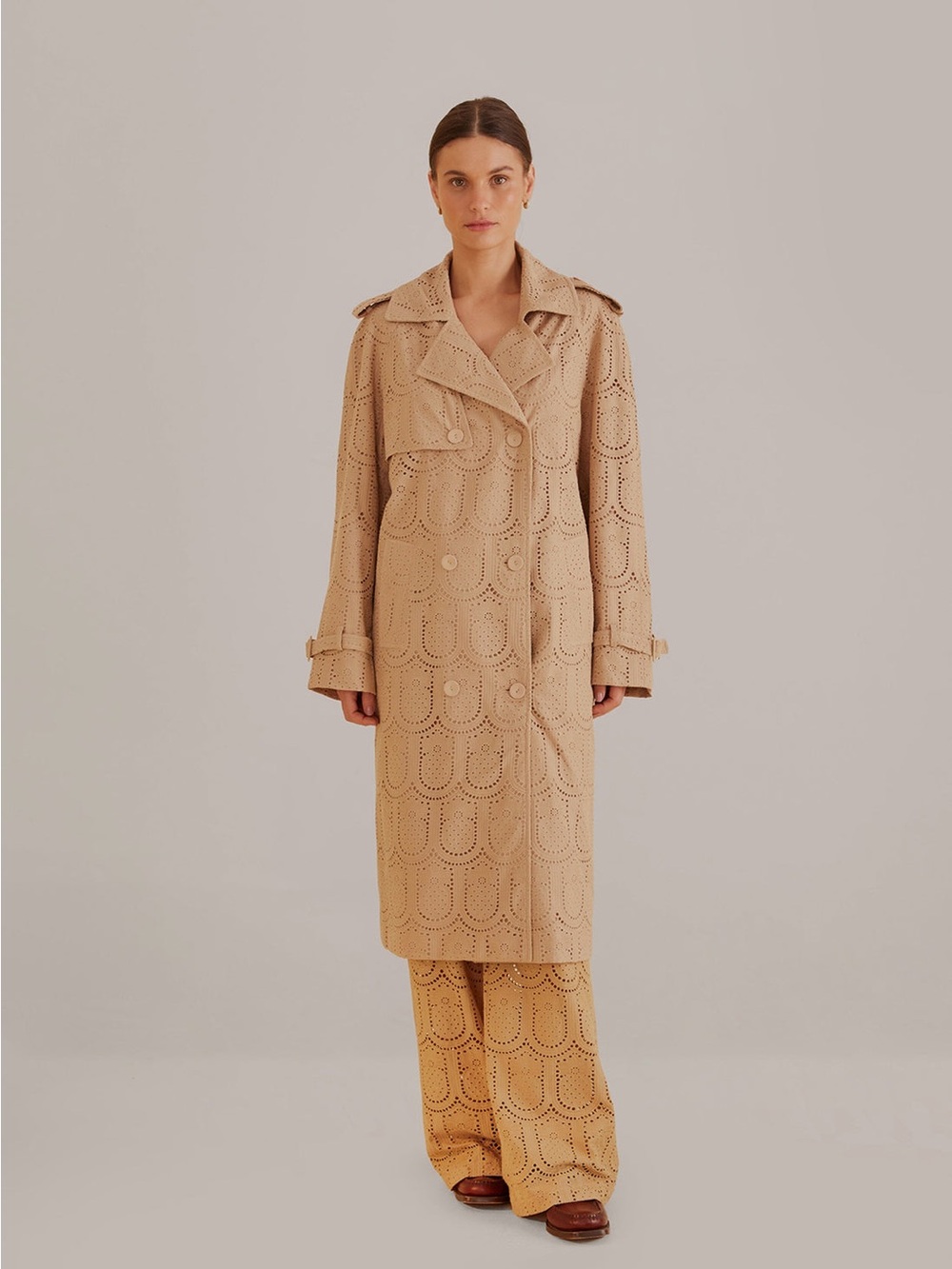 EUC FARM Rio Khaki Pineapple Cotton Eyelet Trench Coat Small Oversized $365